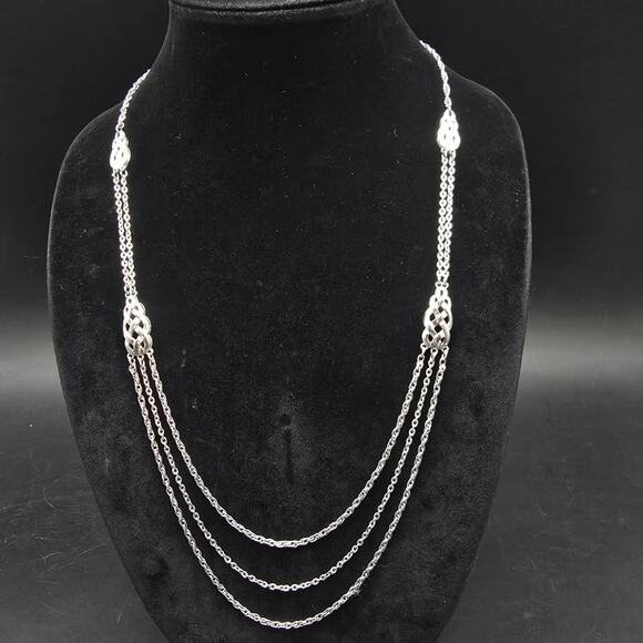 Silver Tone Layered Chain Necklace Woven Weave Stations Long Vintage - Picture 6 of 6